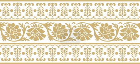 Illustration for Vector seamless gold indian national ornament. Ethnic endless plant border. Flowers frame. Poppies and leaves - Royalty Free Image