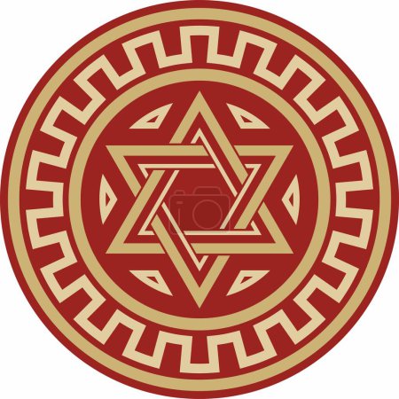 Vector redondo de oro con adorno nacional judío rojo. Estrella de David. Círculo folclórico semítico, patrón. Signo étnico israelí, anillo