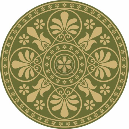 Vector gold with green classic Greek round ornament. Circle of Ancient Greece and the Roman Empire. Byzantine painting of walls, floors and ceilings. Decoration of European palaces