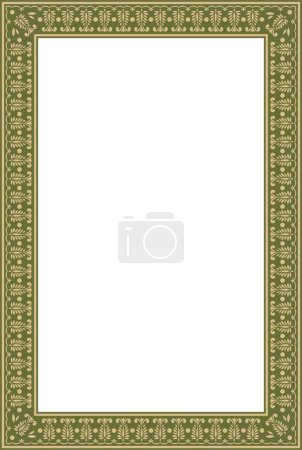 Illustration for Vector square gold and green Indian national ornament. Ethnic plant border. Flowers frame. Poppies and leaves - Royalty Free Image