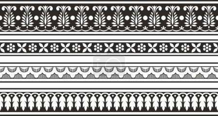 Illustration for Vector set of seamless monochrome black Indian national ornament. Ethnic endless plant border. Flowers frame. Poppies and leaves - Royalty Free Image