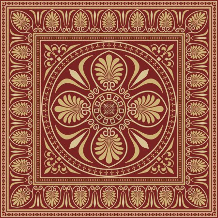 Illustration for Vector red and gold colored square ornament of ancient Greece. Classic tile pattern of the Roman Empire - Royalty Free Image