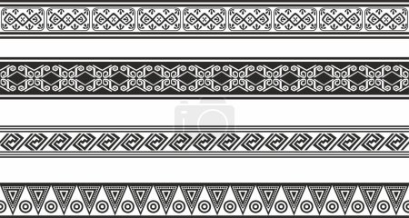 Vector set of seamless monochrome national native american ornaments. Endless ethnic black borders, frames of the peoples of America, Aztec, Maya, Incas. For sandblasting, plotter and laser cutting