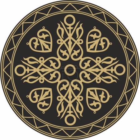 Vector gold on a black background Yakut round ornament. The circle of the ancestors of the northern peoples of the tundra. Talisman, amulet, protection symbol of longevity and infinity.