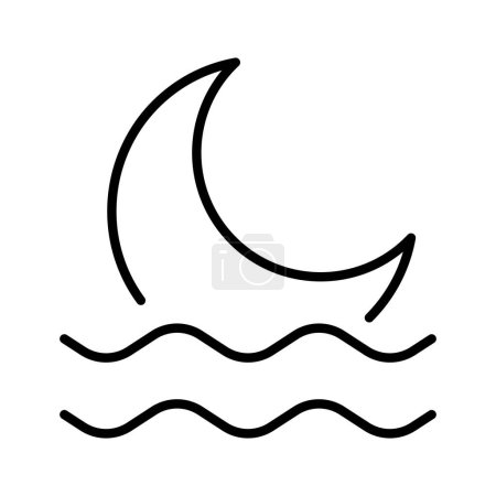 Moon with water line icon. Satellite, reflection of the moon in the water, ocean, sea, dream, star, starry sky, comet, tail, night, time to sleep. Cosmos concept. Vector line icon on white background