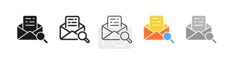 Ilustración de Emails with magnifier set icon. Magnifying glass, search information, incoming, new, contact us, write, send message, mail, management. Business concept. Vector line icon on white background - Imagen libre de derechos
