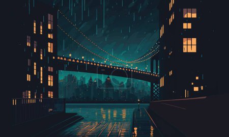 Stylish illustration of a night city in rainy weather, bridge, light, lights, aesthetics, walks, loneliness, beautiful, infrastructure, style, wallpaper,calm,big city. Art concept. Vector illustration