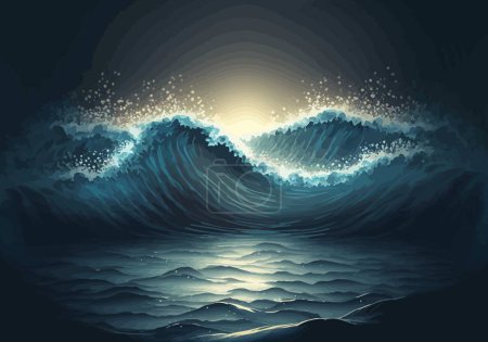 Illustration for Raging waves. Flat, blue color palette, sun, water, ocean, storm, danger, watercolor, light, pattern, abstraction, summer, weather, splash. The concept of the surrounding world. Vector illustration. - Royalty Free Image