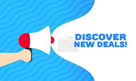 Illustration for Discover new deals icon. Flat, blue, megaphone icon, discover new deals. Vector icon - Royalty Free Image