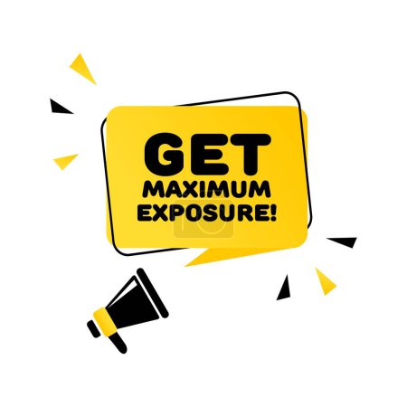 Get maximum exposure icon. Flat, yellow, sign with horn, get maximum exposure. Vector icon