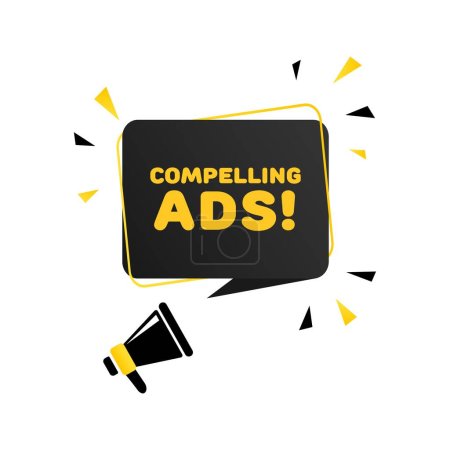 Illustration for Compelling ads sign. Flat, color, megaphone text, compelling ads. Vector icon - Royalty Free Image