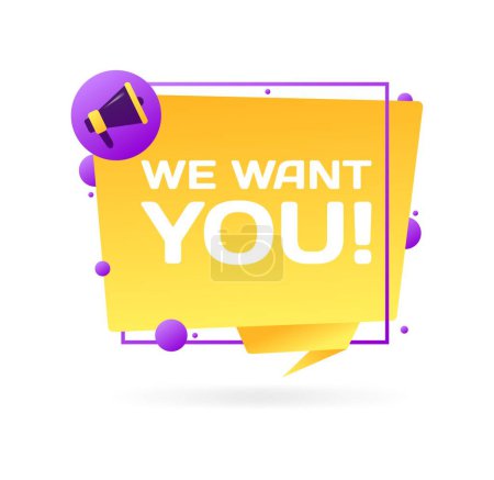 Illustration for We want you sign. Flat, yellow, we want you, megaphone icon. Vector icon - Royalty Free Image