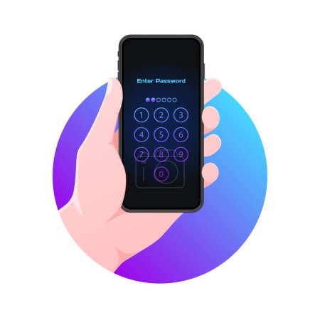 Illustration for Entering a PIN code for your phone. Flat, color, phone in hand, entering a PIN code for the phone, locking the screen. Vector icon - Royalty Free Image