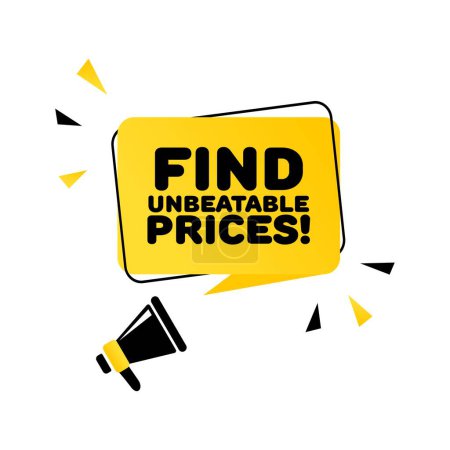Illustration for Find unbeatable prices. Flat, yellow, megaphone text, find unbeatable prices. Vector icon - Royalty Free Image