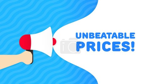 Illustration for Unbeatable prices sign. Flat, blue, text from a megaphone, unbeatable prices sign. Vector icon - Royalty Free Image