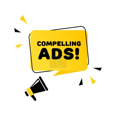 Illustration for Compelling ads sign. Flat, yellow, megaphone text, compelling ads sign. Vector icon - Royalty Free Image