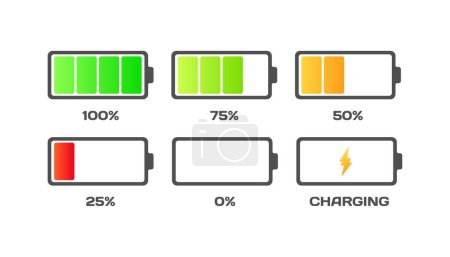 Illustration for Icons of different battery levels. Flat, color, 100, 75, 50, 25, 0 percent charging icons. Vector icons - Royalty Free Image