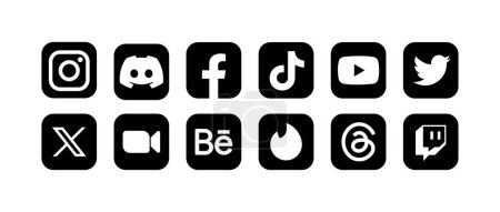 Téléchargez les photos : Logo des médias sociaux icônes. Instagram, Discord, Facebook, Tik Tok, YouTube, Twitter X, Zoom, Behance, Tinder, Threads, Twitch icônes noires ensemble. Logos éditoriaux isolés des réseaux sociaux. Icônes vectorielles - en image libre de droit
