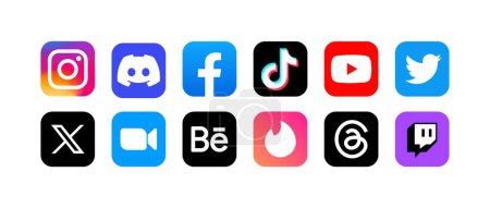 Illustration for Social media logo icons. Instagram, Discord, Facebook, Tik Tok, YouTube, Twitter X, Zoom, Behance, Tinder, Threads, Twitch social media icons set. Editorial isolated social network logos. Vector icons - Royalty Free Image