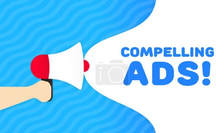 Illustration for Compelling ads sign. Flat, blue, megaphone text, hand icon, compelling ads sign. Vector icon - Royalty Free Image