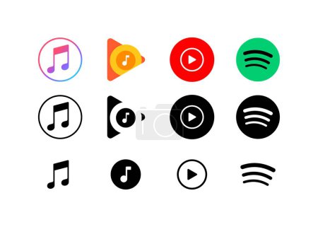 Music services logos icons. Isolated music services light. iTunes, Yandex Music, YouTube, Spotify Music services editorial logos icons. Vector icons