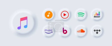 Services de musique logos icônes. iTunes, Lecteur de musique, YouTube, Spotify, Deezer, Amazon, Beats Electronics, SoundCloud, services de musique marémotrice icônes logos éditoriaux. Services de musique isolés. Icônes vectorielles