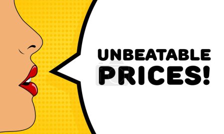 Illustration for Unbeatable prices sign. Flat, color, talking female lips, unbeatable prices sign. Vector icon - Royalty Free Image