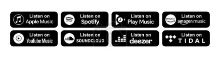 Listen on popular services icons. Listen on Apple Music, Spotify, Play, Amazon, YouTube, SoundCloud, Deezer, Tidal buttons. Editorial black popular music services. Listen on buttons. Vector icons