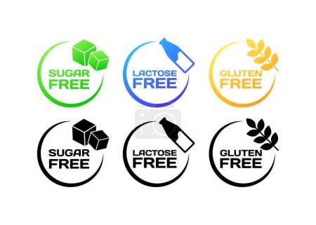 Illustration for Sugar, Lactose, Gluten free icons. Flat, color, icons of sugar cubes, milk bottles, wheat, free icons. Vector icons - Royalty Free Image