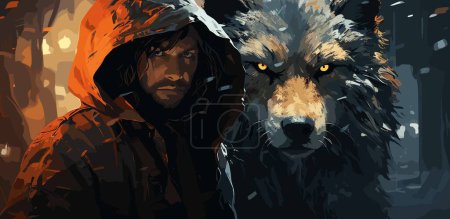 El hombre de la capucha con lanza frente al lobo gigante de invierno, estilo de arte digital, pintura de ilustración