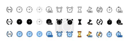 Collection d'icônes d'horloge. Temps écoulé. Linéaire, silhouette et style plat. Icônes vectorielles
