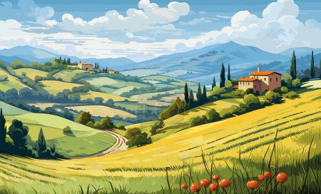 Illustration for Landscape in Tuscany illustration, Italian landscapes, panoramic countryside farmland vector illustration - Royalty Free Image