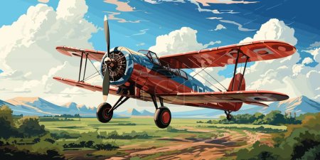 Illustration for Vector illustration of the clouds image with a biplane flying in the blue sky - Royalty Free Image