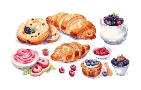 Téléchargez les illustrations : Aquarelle pâtisseries clipart croissant bagel pain cupcake tarte café thé baies vecteur - en licence libre de droit