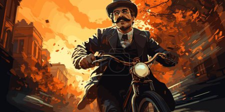 Ilustración de Un hombre montando una bicicleta colina abajo, estilo de arte digital, pintura de ilustración - Imagen libre de derechos