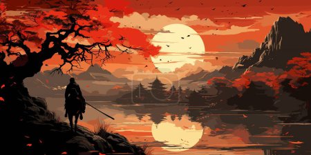 samurai riding a horse in the autumn forest, digital art style, illustration painting