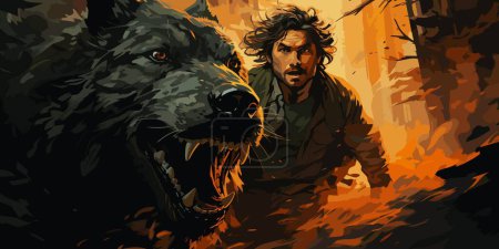 Ein Mann, der mit seinem legendären Wolf durch den Wald läuft, digitale Kunst, Illustrationsmalerei