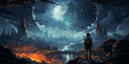 Ilustración de Joven excursionista con mochila y un perro de pie sobre la roca y mirando las estrellas en el cielo nocturno, estilo de arte digital, pintura de ilustración - Imagen libre de derechos