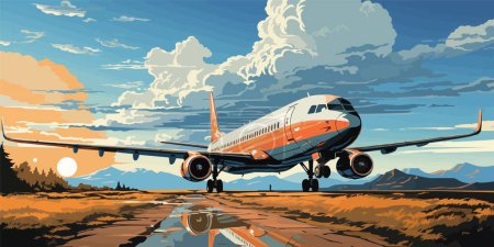 Ilustración de Aviones en la pista con cielo brillante y buen tiempo vector colores brillantes planos - Imagen libre de derechos