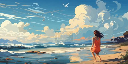Ilustración de Mujer corriendo en una playa de arena blanca con el fondo de un hermoso cielo azul y nubes vector de colores brillantes planos - Imagen libre de derechos
