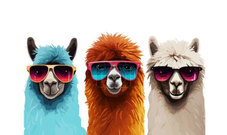Téléchargez les illustrations : Alpagas portant des lunettes de soleil sur un fond blanc, illustration vectorielle clipart coloré - en licence libre de droit
