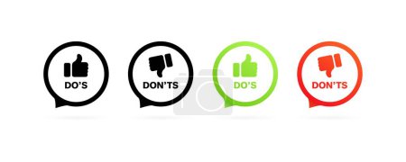 Do's and don'ts bubble icons. Thumbs up and down. Silhouette and flat style. Vector icons