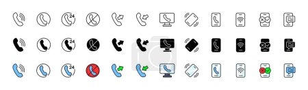 Ilustración de Conjunto de iconos. Iconos de llamada telefónica. Linear, silueta y estilo plano. Iconos vectoriales - Imagen libre de derechos