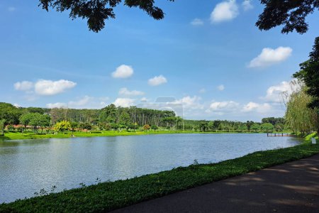 Belle vue sur le lac depuis un petit lac en Indonésie, avec des arbres verts et un ciel bleu 