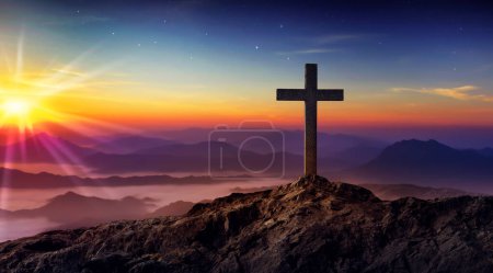 Photo for Silhouetted christian cross silhouette on the mountain at sunset - Royalty Free Image