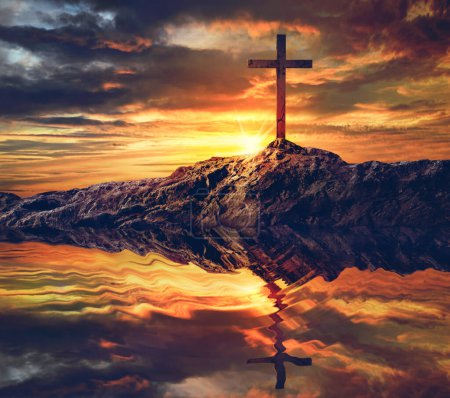 Photo for Water reflection of cross silhouette at sunset sky background. - Royalty Free Image