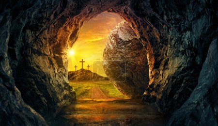 Empty tomb of Jesus with crosses in the background.-stock-photo