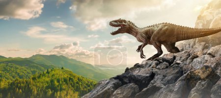 Photo for Dinosaur On Top Of Mountain Rock - Royalty Free Image