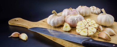 Photo for Bulbs of fresh garlic with several cloves on the cutting board. - Royalty Free Image