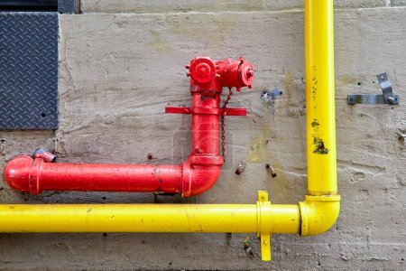 Horizontal View of Red and Yellow Pipes Strapped to a Exterior Wall